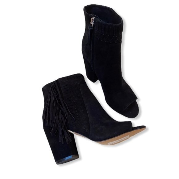 Rebecca Minkoff IRIS Fringe Bootie Sz 7.5 NIB Black Suede Open Toe Ankle Boot - Picture 4 of 7